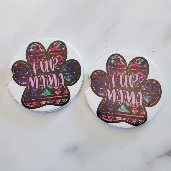Set Of 2 Ceramic Car Coasters FUR MAMA Paw Print - Picture 1 of 5